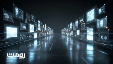 مسیر نورانی دیجیتال که صفحات وب، دادهها و نمادهای برند را در فضایی مفهومی به یکدیگر متصل میکند.