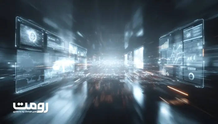 مسیر نورانی دیجیتال که صفحات وب، داده‌ها و نمادهای برند را در فضایی مفهومی به یکدیگر متصل می‌کند.
