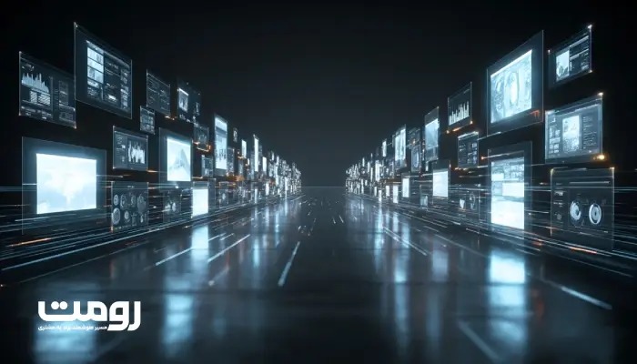 مسیر نورانی دیجیتال که صفحات وب، داده‌ها و نمادهای برند را در فضایی مفهومی به یکدیگر متصل می‌کند.